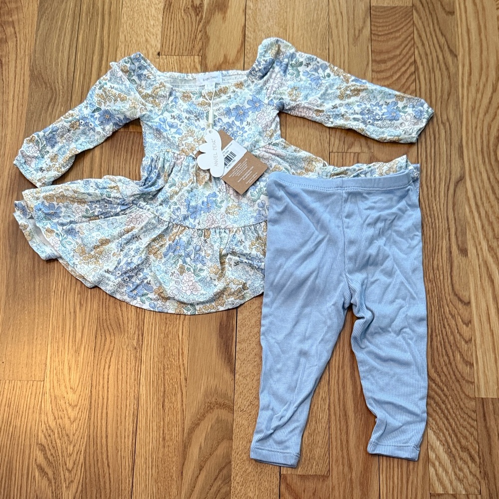 Angel Dear Floral Dress and Blue Leggings Set